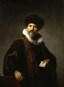painting of man wearhing hat holidng piece of paper