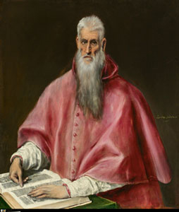 painting of man in red robes with book